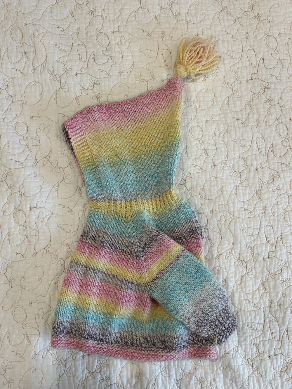 Handknit Baby Hooded Sweater with Pom Pom - Pastel Rainbow